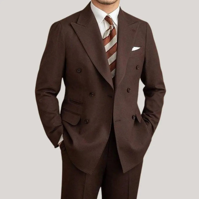 Men's Double Breasted Two Piece Suit Set with Peak Lapel Jacket and Trousers