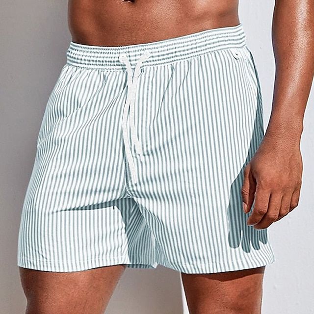 Men's Striped Swim Shorts with Drawstring Waist and Quick-Dry Fit