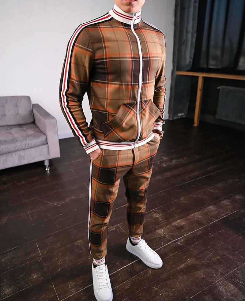 Men's Checkered Tracksuit Co-Ord Set with Striped Cuffs