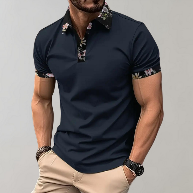 Men's Short Sleeve Polo Shirt with Printed Collar Trim