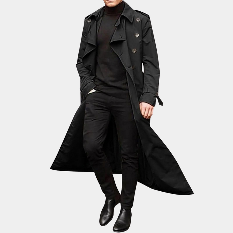 Men's Classic Long Trench Coat with Belt and Double-Breasted Closure