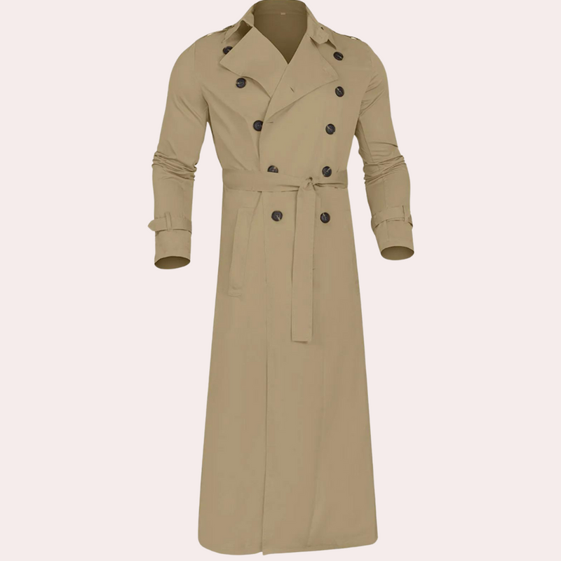 Men's Classic Long Trench Coat with Belt and Double-Breasted Closure
