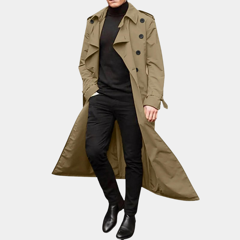 Men's Classic Long Trench Coat with Belt and Double-Breasted Closure