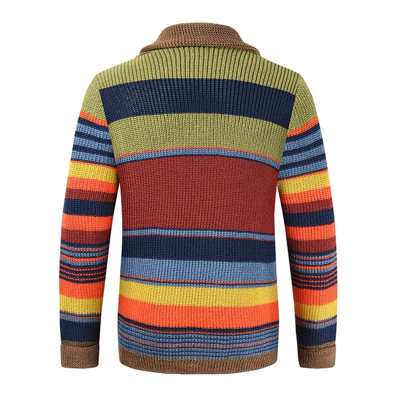 Men's Retro Striped Knit Cardigan with Shawl Collar and Button Front