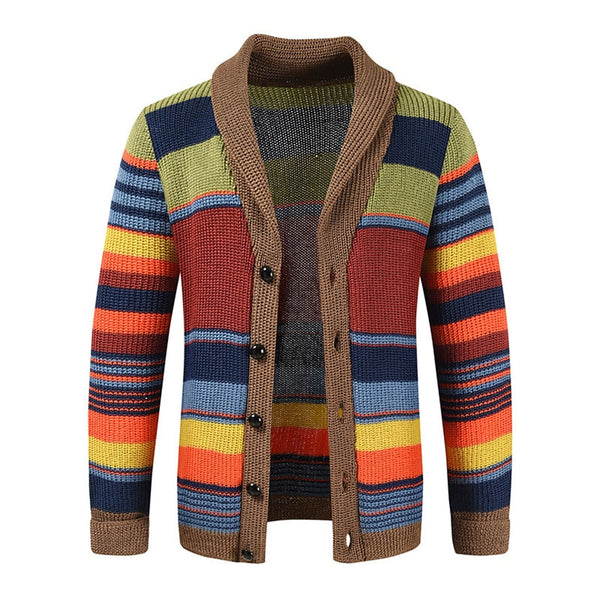 Men's Retro Striped Knit Cardigan with Shawl Collar and Button Front