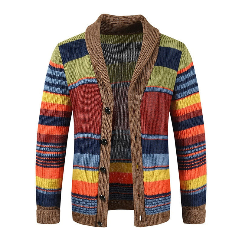 Men's Retro Striped Knit Cardigan with Shawl Collar and Button Front