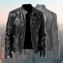 Men's Sleek Leather Jacket with Zip Closure and Stand Collar Design