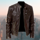 Men's Sleek Leather Jacket with Zip Closure and Stand Collar Design