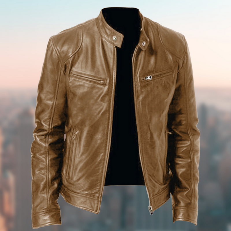 Men's Sleek Leather Jacket with Zip Closure and Stand Collar Design