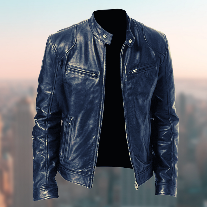 Men's Sleek Leather Jacket with Zip Closure and Stand Collar Design