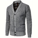 Men's V-Neck Button Cardigan with Plaid Lining and Side Pockets