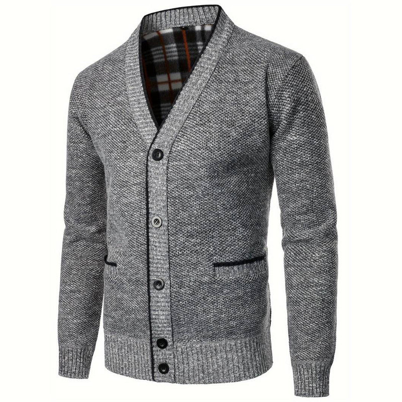 Men's V-Neck Button Cardigan with Plaid Lining and Side Pockets