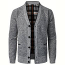 Men's V-Neck Button Cardigan with Plaid Lining and Side Pockets