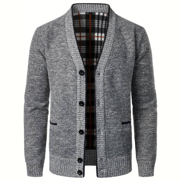 Men's V-Neck Button Cardigan with Plaid Lining and Side Pockets