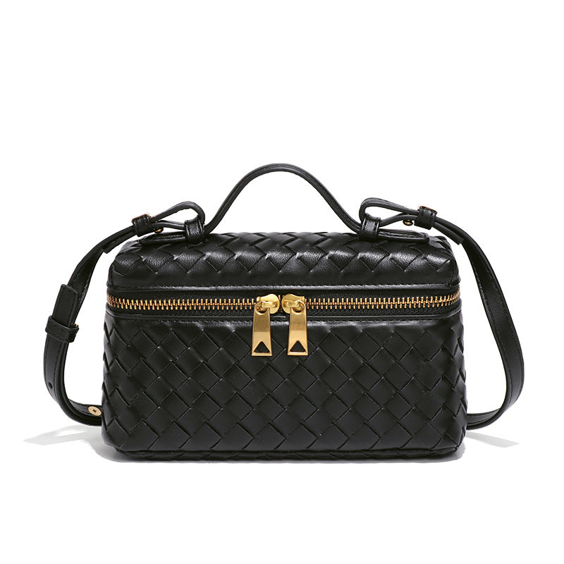 Women's Woven Box Handbag with Top Handle and Gold Zip Detailing