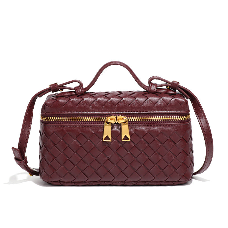 Women's Woven Box Handbag with Top Handle and Gold Zip Detailing