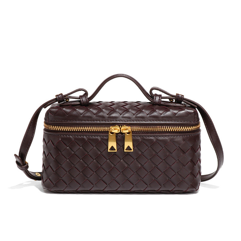 Women's Woven Box Handbag with Top Handle and Gold Zip Detailing
