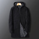 Men's Long Hooded Fleece Jacket with Zip Closure and Drawstring Hood