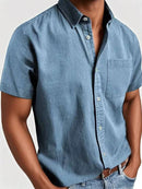 Men's Short Sleeve Button-Down Shirt with Chest Pocket and Classic Fit