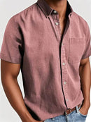 Men's Short Sleeve Button-Down Shirt with Chest Pocket and Classic Fit