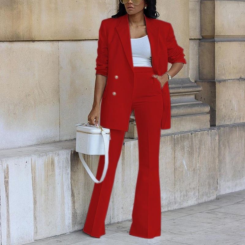 Women’s Two-Piece Suit Set with Double-Breasted Blazer and Flared Pants