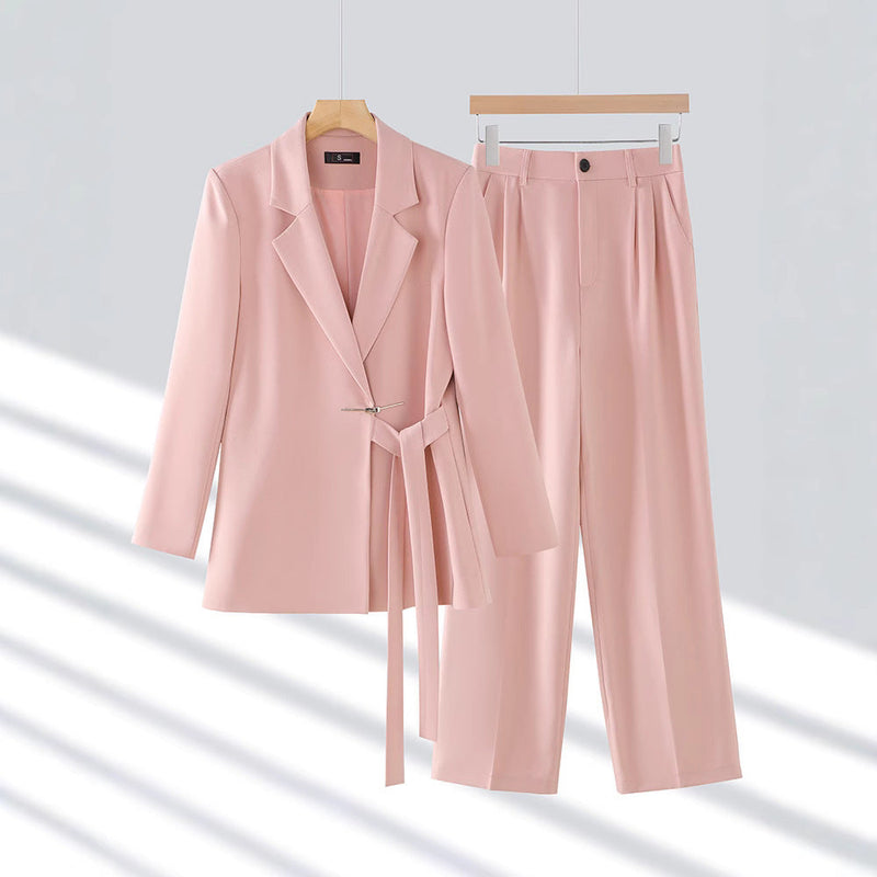 Women's Two-Piece Belted Suit Set with Tailored Fit Blazer
