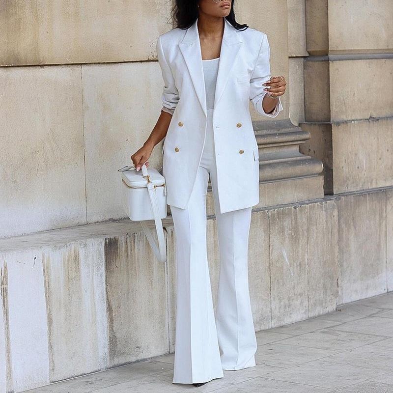 Women’s Two-Piece Suit Set with Double-Breasted Blazer and Flared Pants