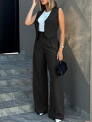 Women’s Tailored Two Piece Suit Set with Sleeveless Vest and Wide-Leg Trousers