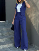 Women’s Tailored Two Piece Suit Set with Sleeveless Vest and Wide-Leg Trousers