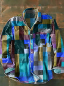 Men's Long Sleeve Patchwork Shirt with Pocket and Button Front