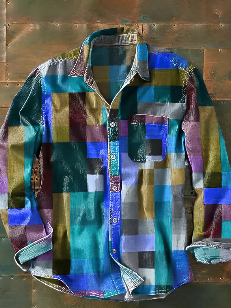 Men's Long Sleeve Patchwork Shirt with Pocket and Button Front
