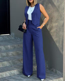 Women’s Tailored Two Piece Suit Set with Sleeveless Vest and Wide-Leg Trousers