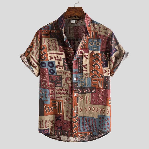 Men's Short-Sleeve Button-Up Shirt with Retro Ethnic Geometric Print