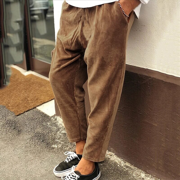 Men's Loose Fit Corduroy Trousers Casual Ankle Length Relaxed Style