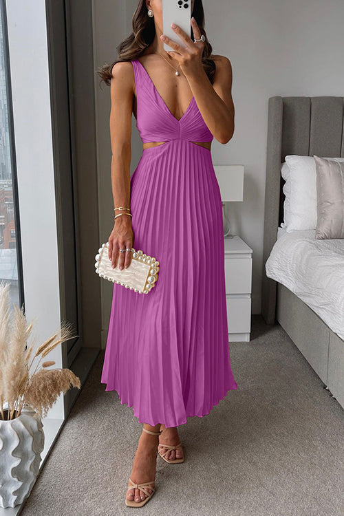 Elegant V-Neck Pleated Skirt Dress for Women
