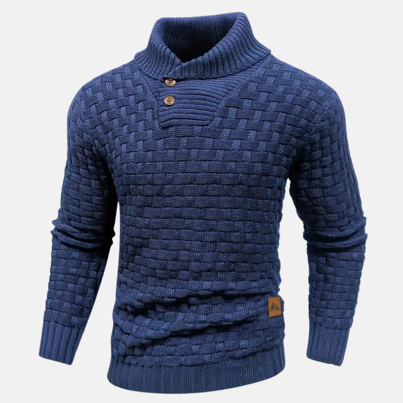 Men’s Textured Knit Jumper with Shawl Collar and Button Detail