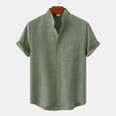 Men's Short-Sleeve Stand Collar Shirt with Front Chest Pocket
