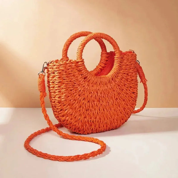 Women's Straw Crossbody Bag with Half-Moon Shape and Top Handles