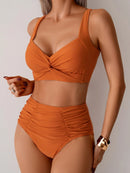 Women's High-Waist Bikini Set with Wide Strap Top and Ruched Bottoms