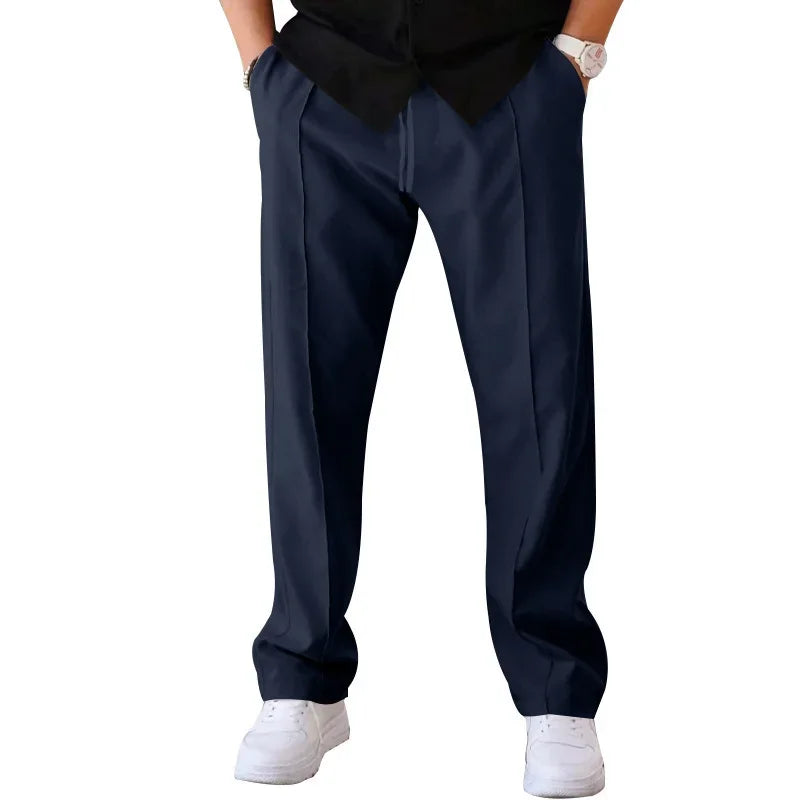 Men's Loose Fit Straight Trousers with Adjustable Drawstring Waist