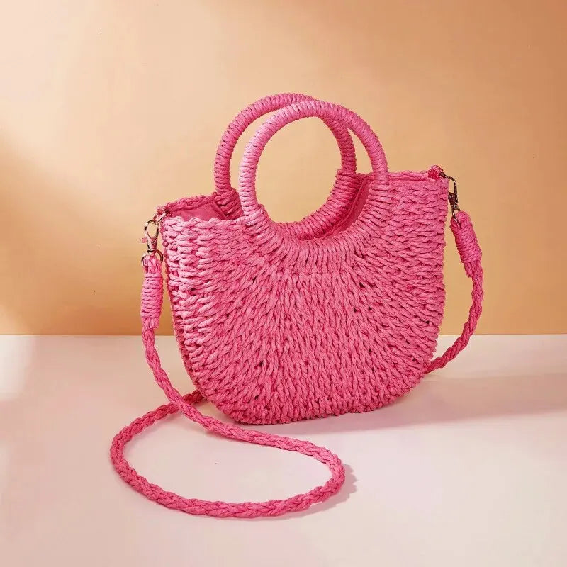 Women's Straw Crossbody Bag with Half-Moon Shape and Top Handles
