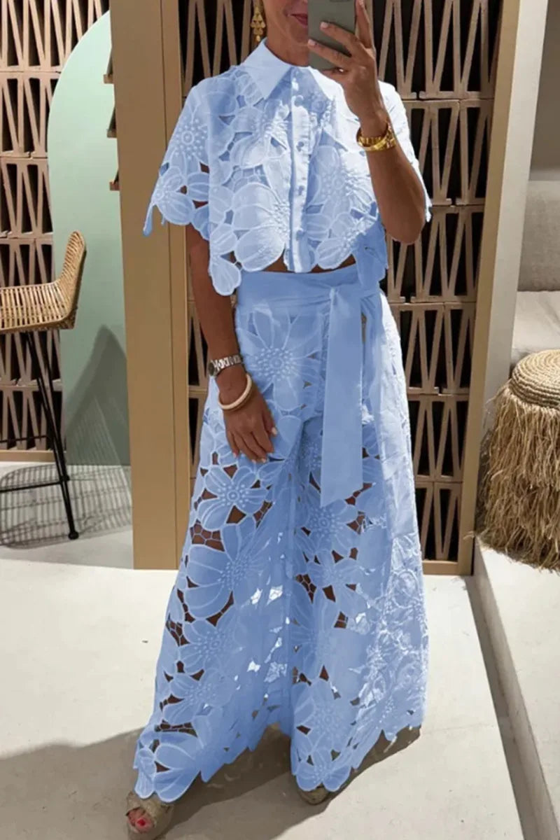 Women's Two Piece Set with Floral Cutout Shirt and Wide Leg Pants
