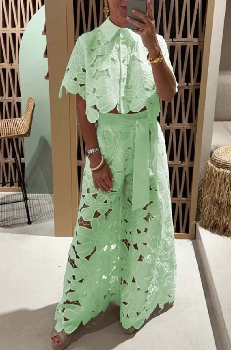 Women's Two Piece Set with Floral Cutout Shirt and Wide Leg Pants