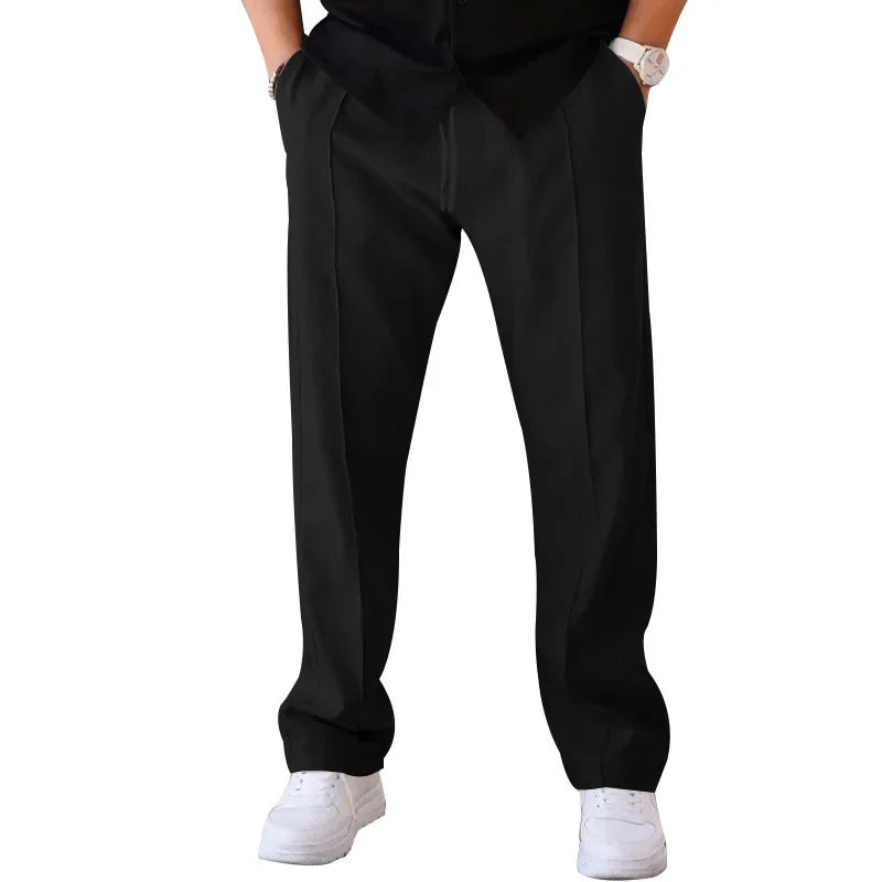 Men's Loose Fit Straight Trousers with Adjustable Drawstring Waist