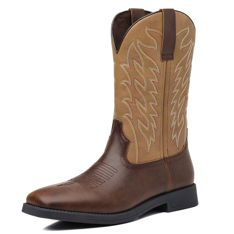 Men’s Western Cowboy Boots Embroidered Mid-Calf Classic Square Toe