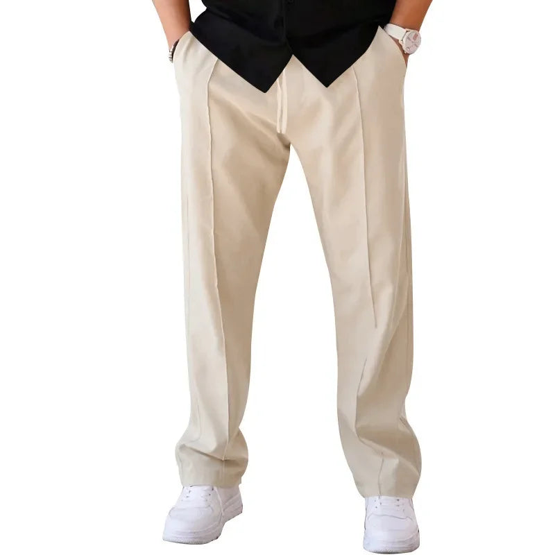 Men's Loose Fit Straight Trousers with Adjustable Drawstring Waist