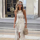 Women's Crochet Lace Two-Piece Set with Sleeveless Top and Midi Skirt