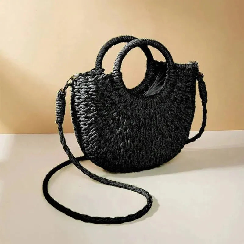 Women's Straw Crossbody Bag with Half-Moon Shape and Top Handles