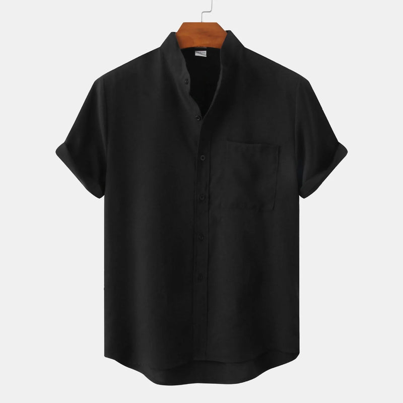 Men's Short-Sleeve Stand Collar Shirt with Front Chest Pocket