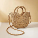 Women's Straw Crossbody Bag with Half-Moon Shape and Top Handles
